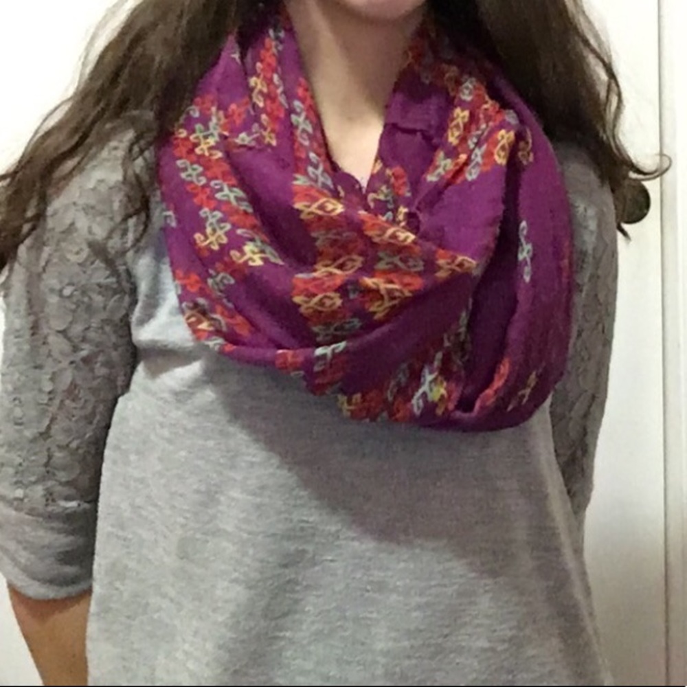 2 scarves; black and white & purple multicolored